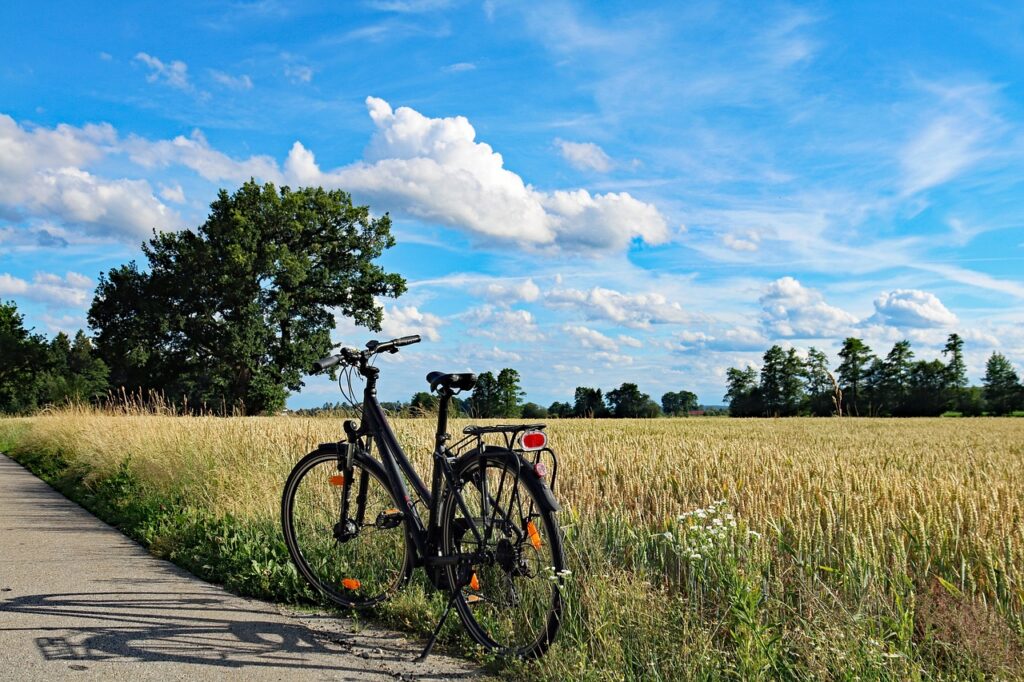Ein Fahrrad steht am Rande eines Weges