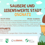 Plakat für eine Müllsammelaktion in Oschatz mit Datum, Treffpunkten und gezeichneter Hand, die einen Müllsack in eine Tonne wirft.